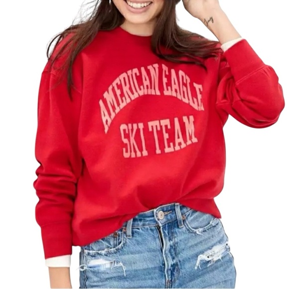 American Eagle New Super Soft Ski Team Graphic Crew Neck Sweatshirt Red Small - Picture 1 of 8
